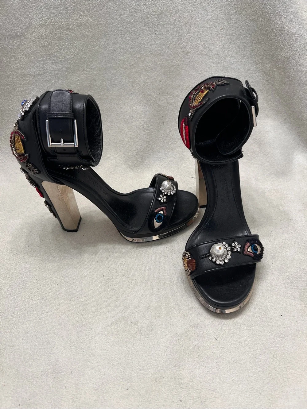 Alexander McQueen Leather Black Embellished Crystal & Embroidered Heel Sandals